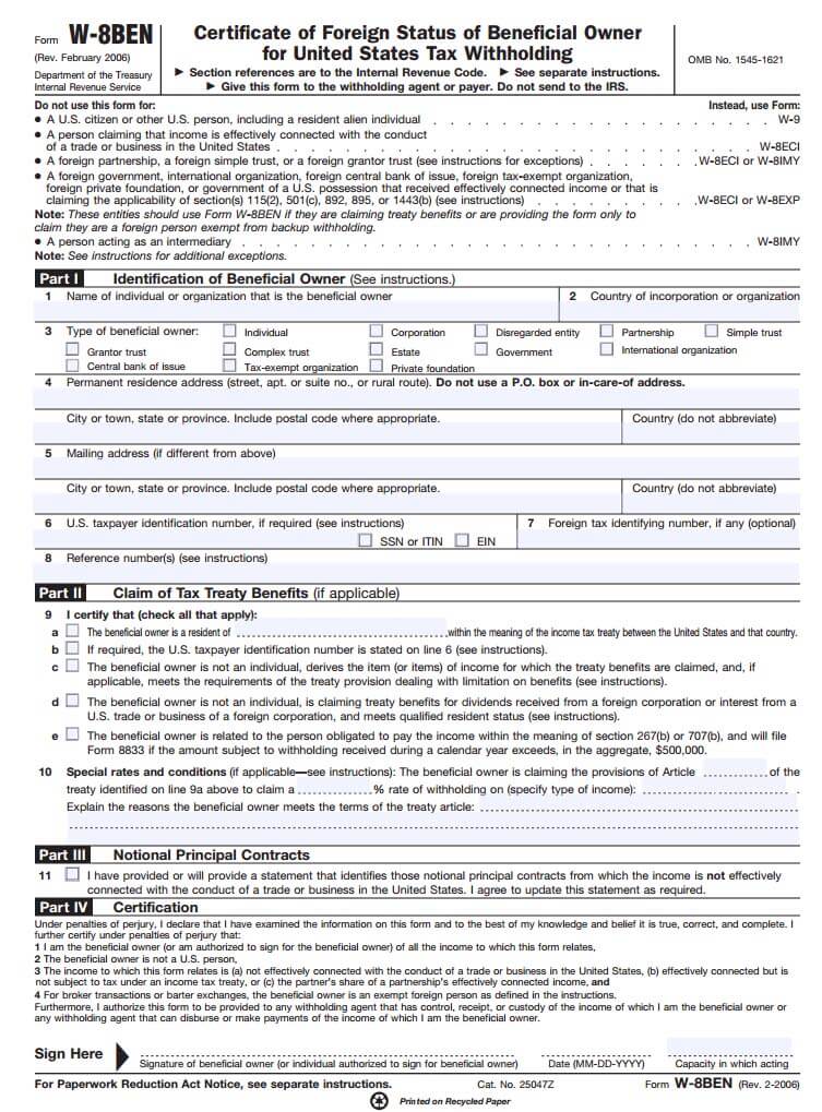 what is w-8BEN Tax Form
